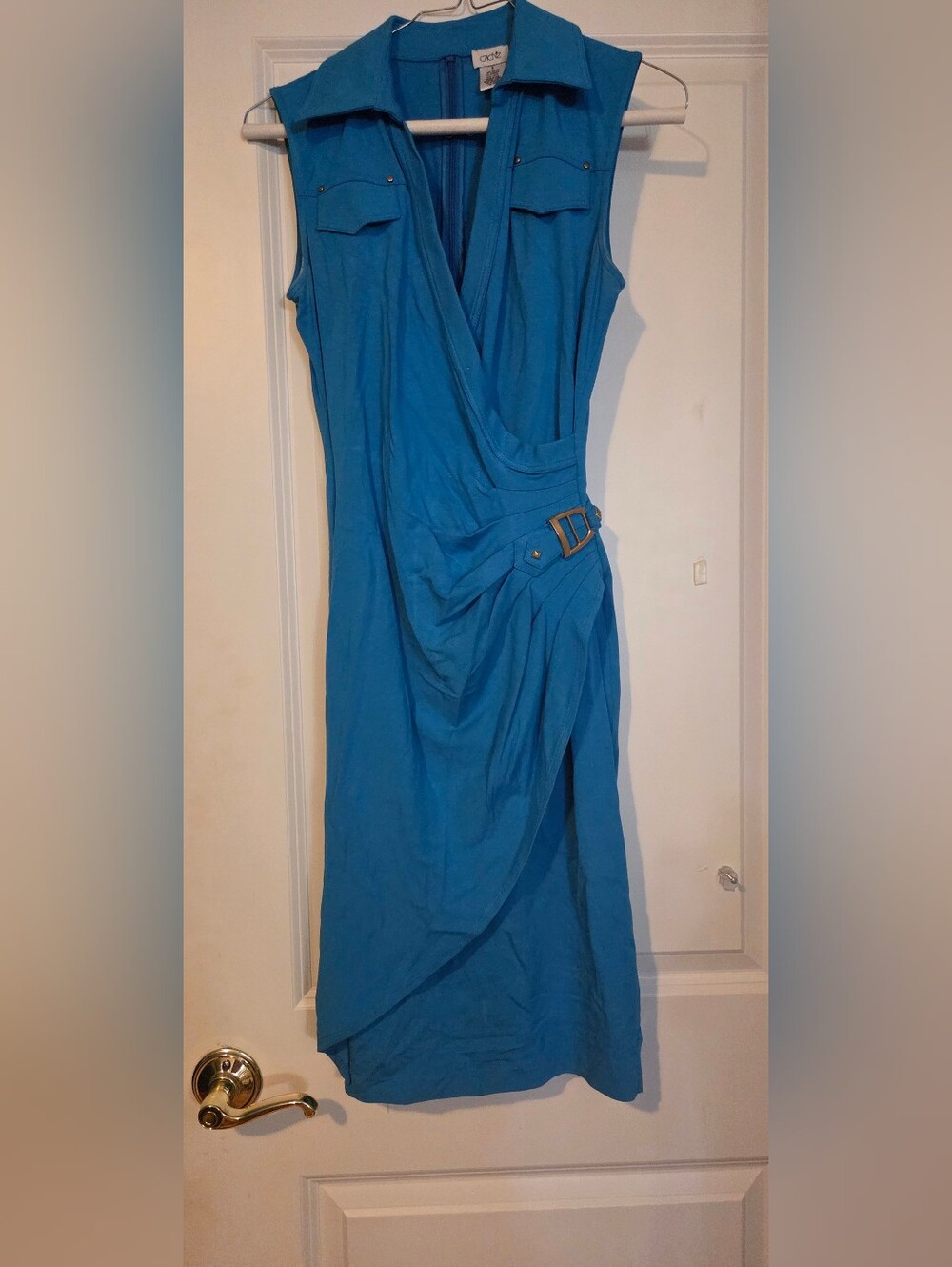Cache Teal-Blue Sleeveless Wrap Midi Dress with Buckle Detail